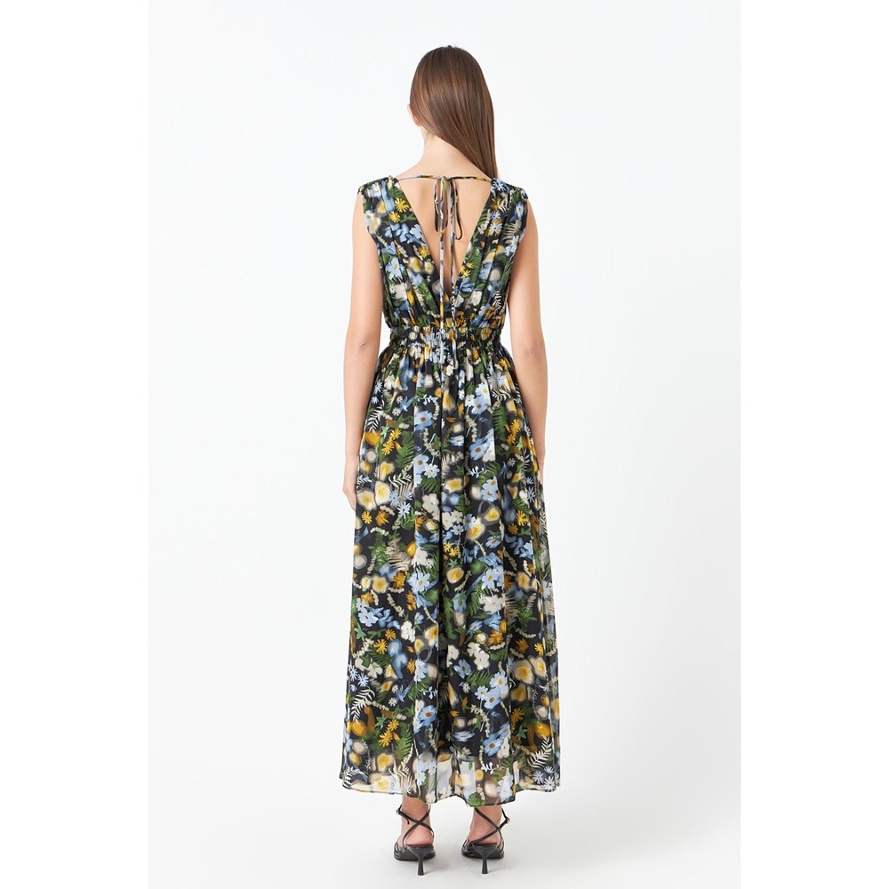 Endless Rose Low Neck Floral Maxi Dress Black Blue Yellow Metallic‎ Fil Coupe M